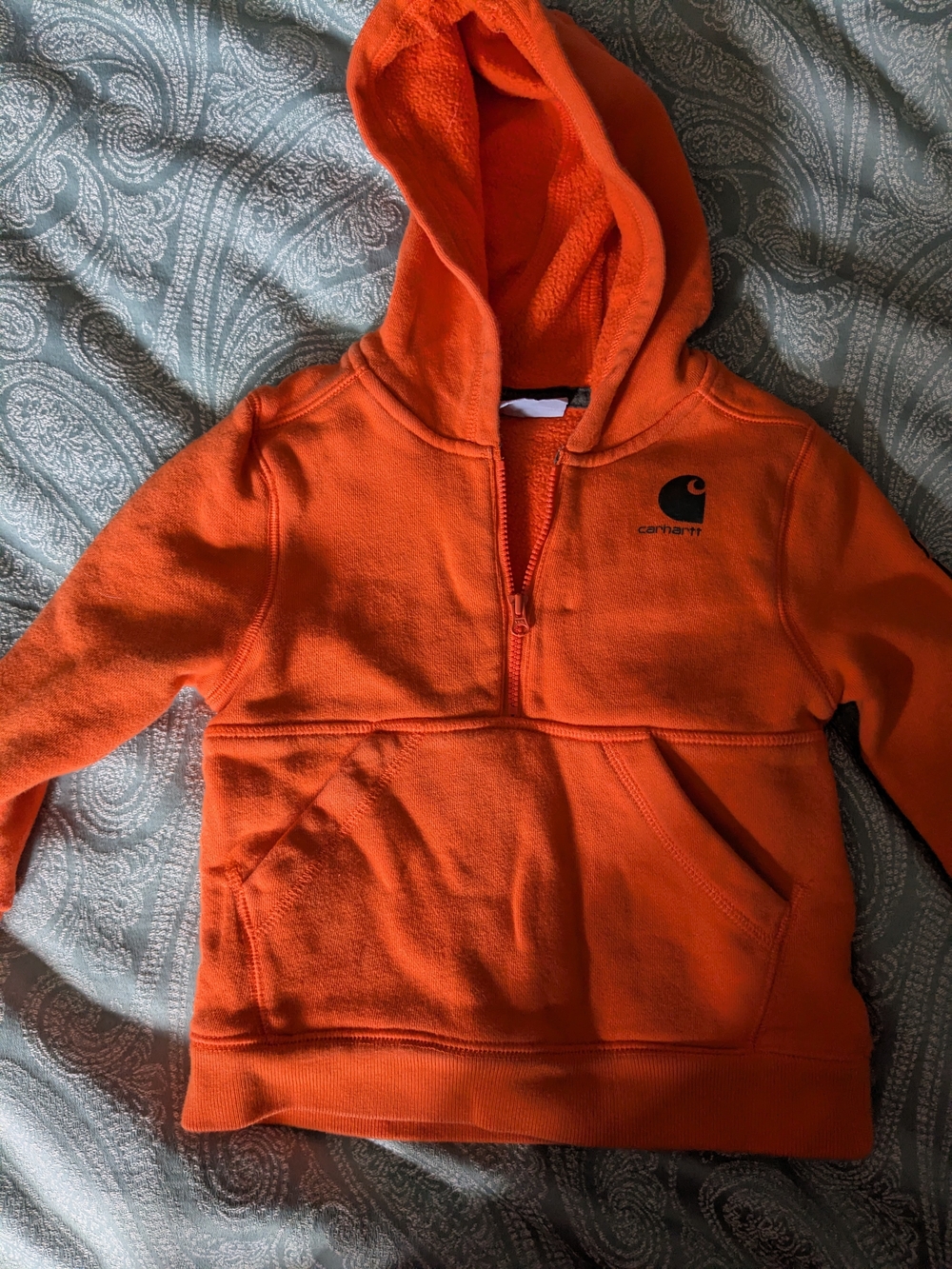 Carhartt Orange Hooded Quarter Zip Pullover with Kangaroo Pocket